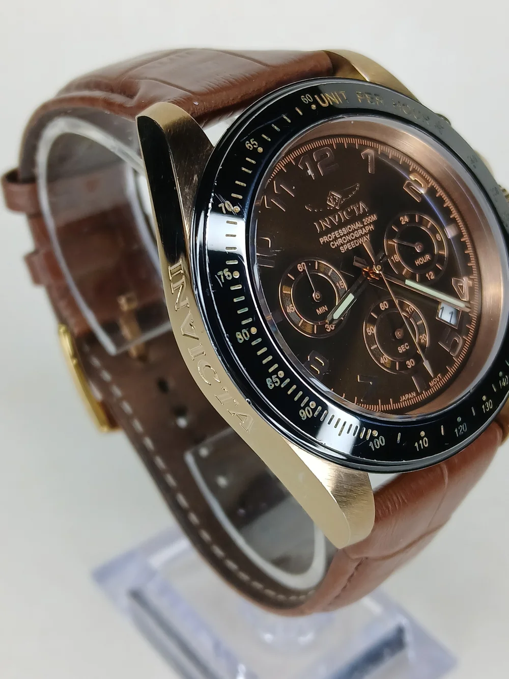 ​Invicta Speedway 10712 Gold Tone Brown Dial Chronograph Watch 200M Leather